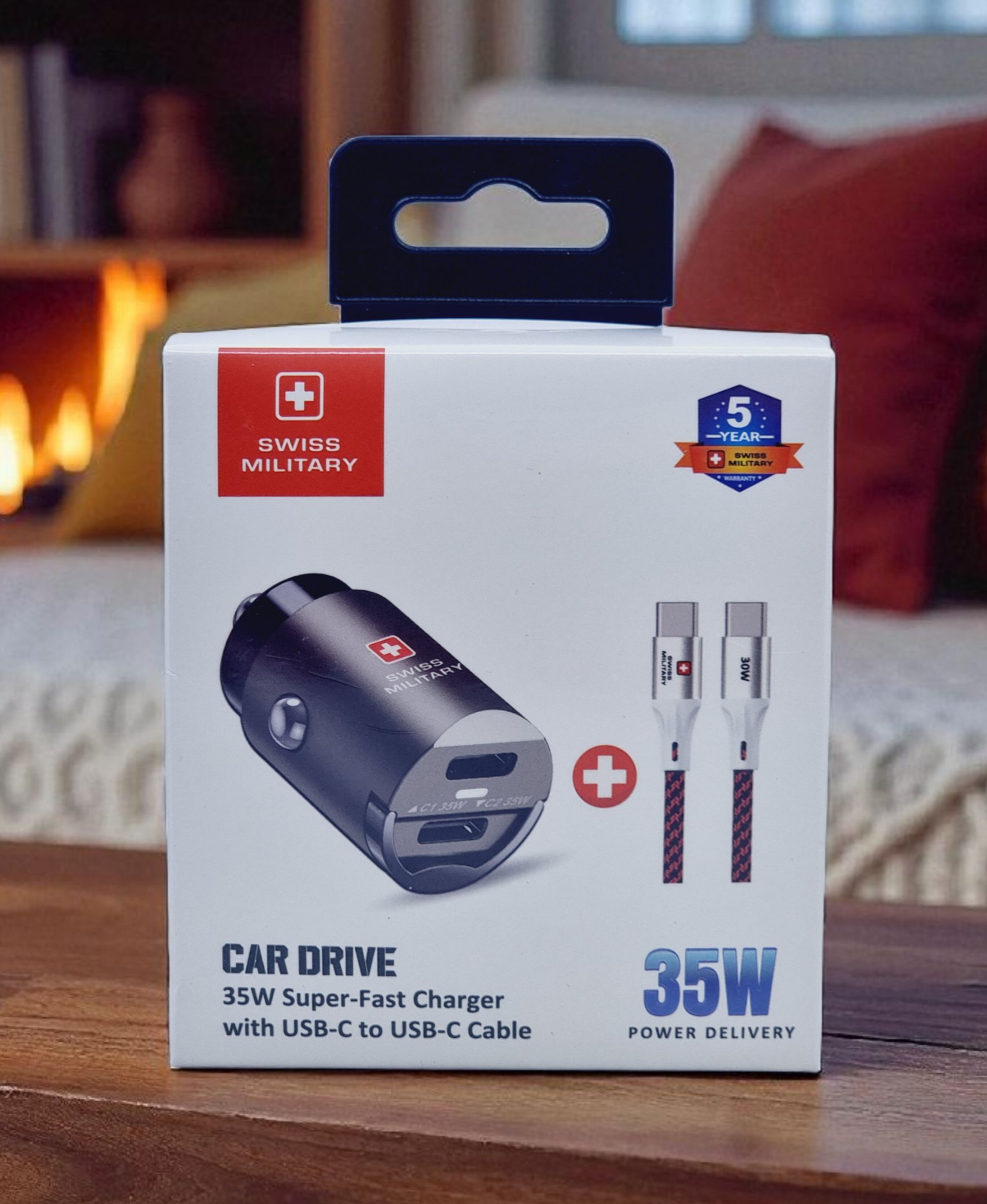 SWISS MILITARY CAR DRIVE 35W SUPER FAST CHARGER WITH USB C-TO USB-C CABLE