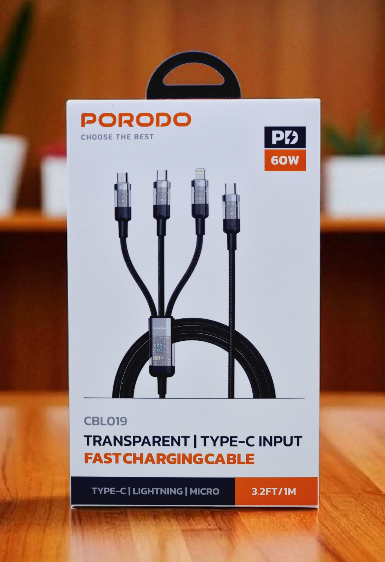 PORODO TRANSPARENT 3 IN 1 TYPE C INPUT FAST CHARGING CABLE 1M
